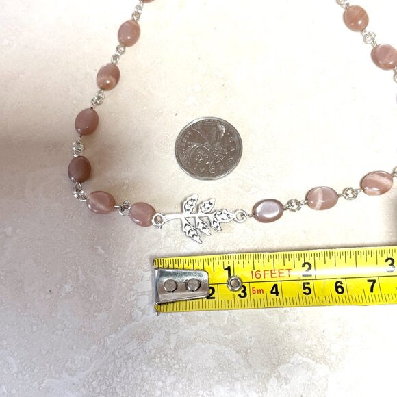 Peach Moonstone Adjustable Choker, Leaf Branch Pendant + Genuine Gemstone - Picture 14 of 16